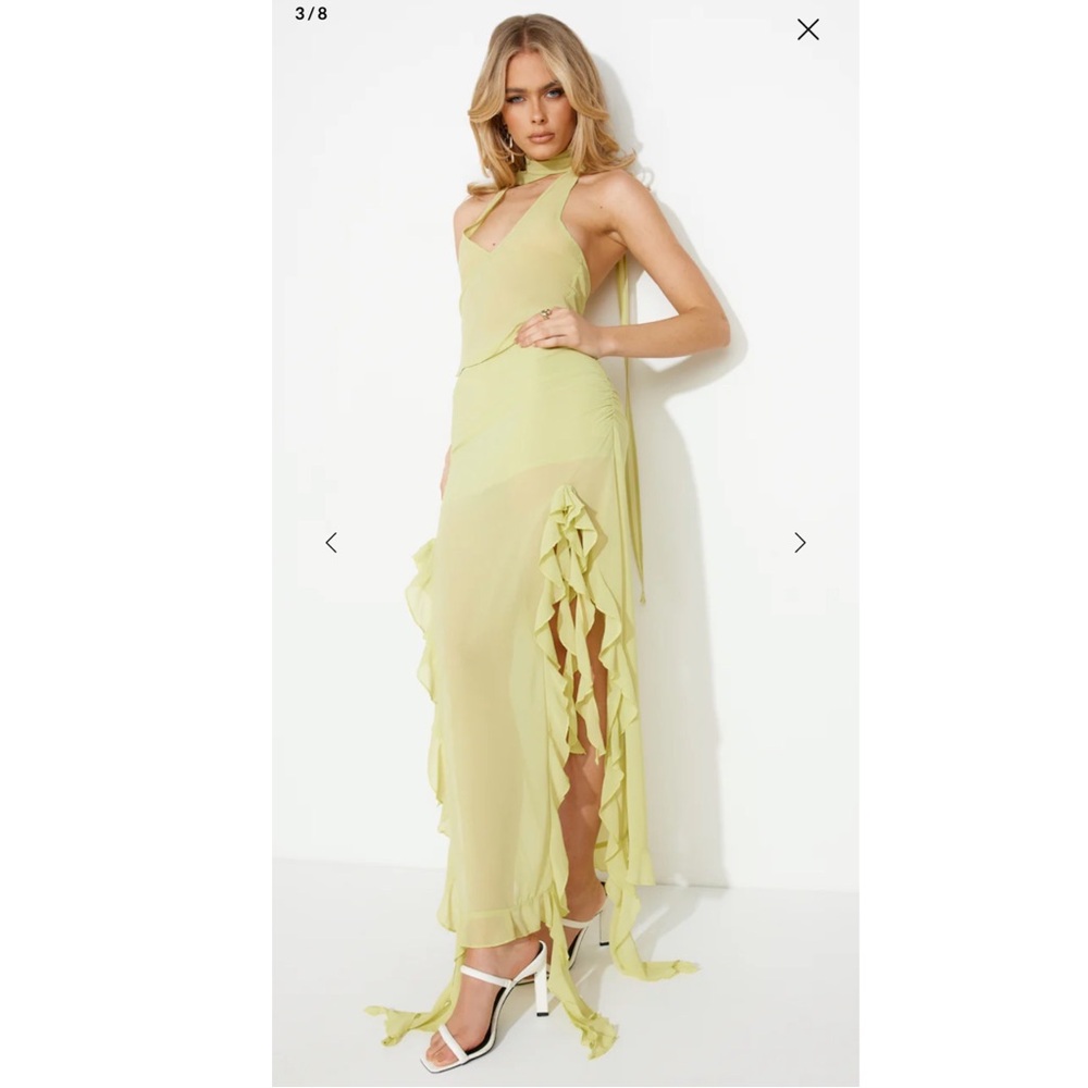 Lioness Lime Chiffon Maxi Skirt with Asymmetrical Hem, Ruching, and Ruffles - Picture 6 of 9